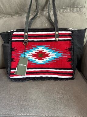Myra Bag Red Southwestern Pattern Tote with Turquoise and Black Accents